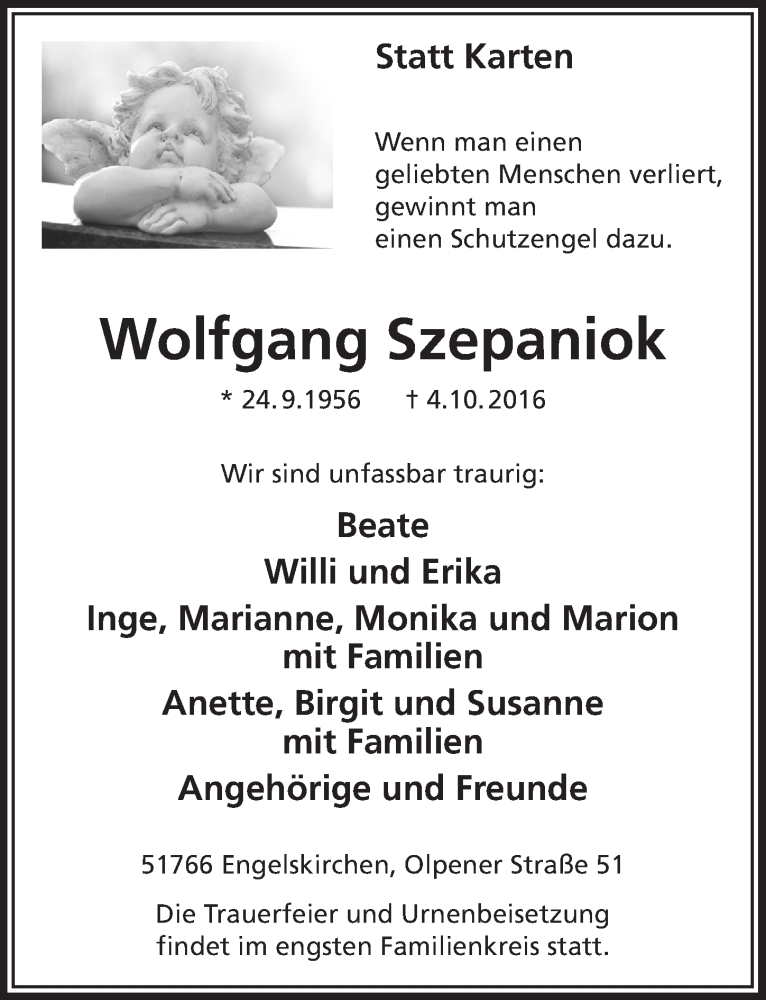  Traueranzeige für Wolfgang Szepaniok vom 12.10.2016 aus  Anzeigen Echo 