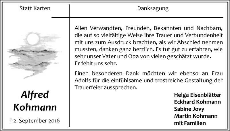  Traueranzeige für Alfred Kohmann vom 19.10.2016 aus  Anzeigen Echo 