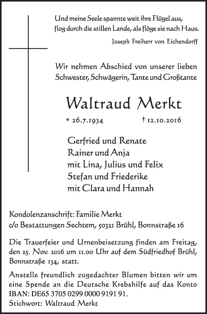  Traueranzeige für Waltraud Merkt vom 26.10.2016 aus  Schlossbote/Werbekurier 