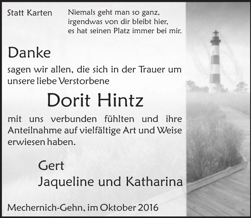  Traueranzeige für Dorit Hintz vom 15.10.2016 aus  Blickpunkt Euskirchen 