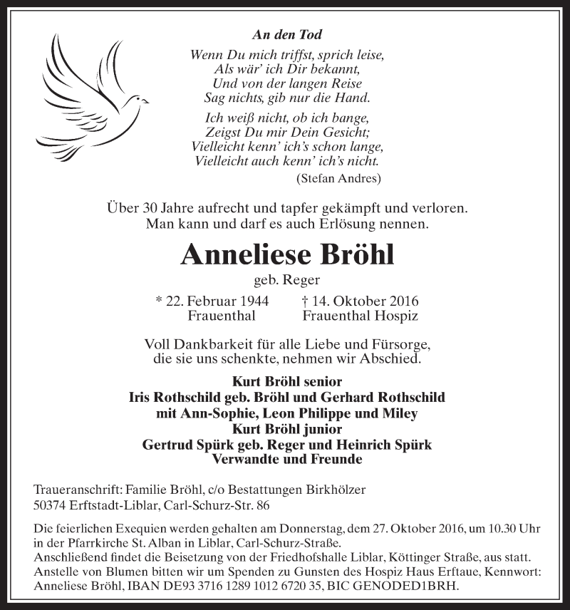  Traueranzeige für Anneliese Bröhl vom 26.10.2016 aus  Werbepost 