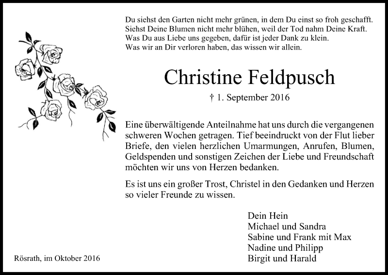  Traueranzeige für Christine Feldpusch vom 07.10.2016 aus Kölner Stadt-Anzeiger / Kölnische Rundschau / Express