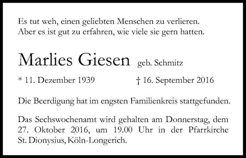  Traueranzeige für Marlies Giesen vom 22.10.2016 aus Kölner Stadt-Anzeiger / Kölnische Rundschau / Express