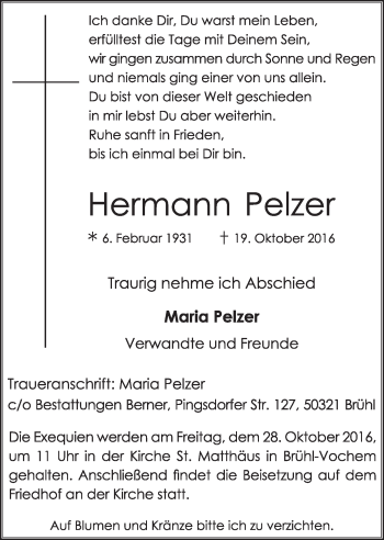 Anzeige von Hermann Pelzer von  Schlossbote/Werbekurier 