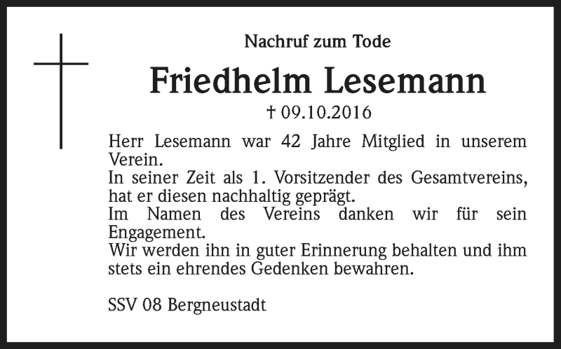  Traueranzeige für Friedhelm Lesemann vom 17.10.2016 aus Kölner Stadt-Anzeiger / Kölnische Rundschau / Express