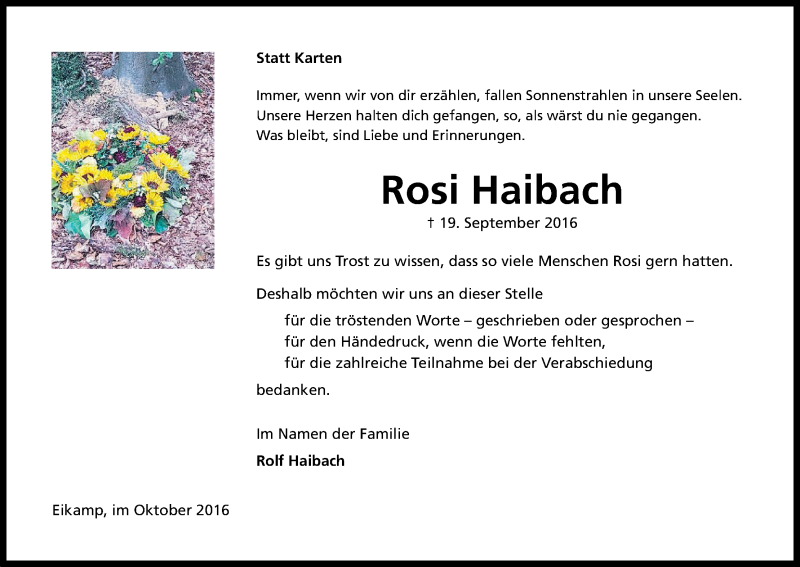  Traueranzeige für Rosi Haibach vom 22.10.2016 aus Kölner Stadt-Anzeiger / Kölnische Rundschau / Express