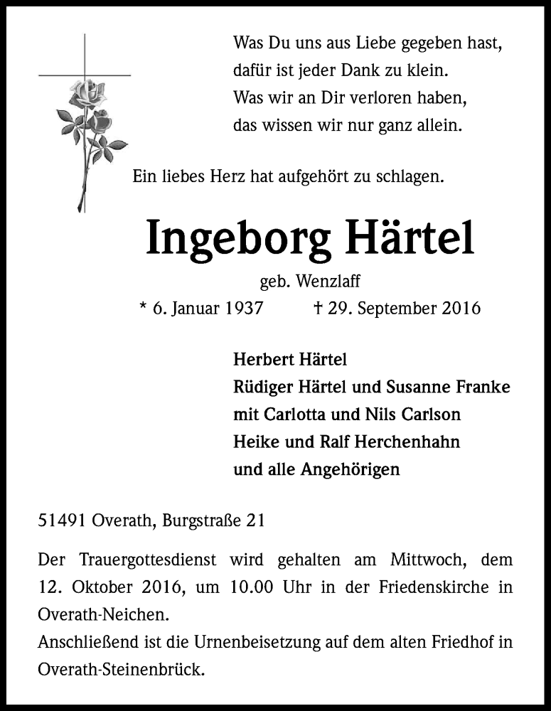 Traueranzeige für Ingeborg Härtel vom 06.10.2016 aus Kölner Stadt-Anzeiger / Kölnische Rundschau / Express