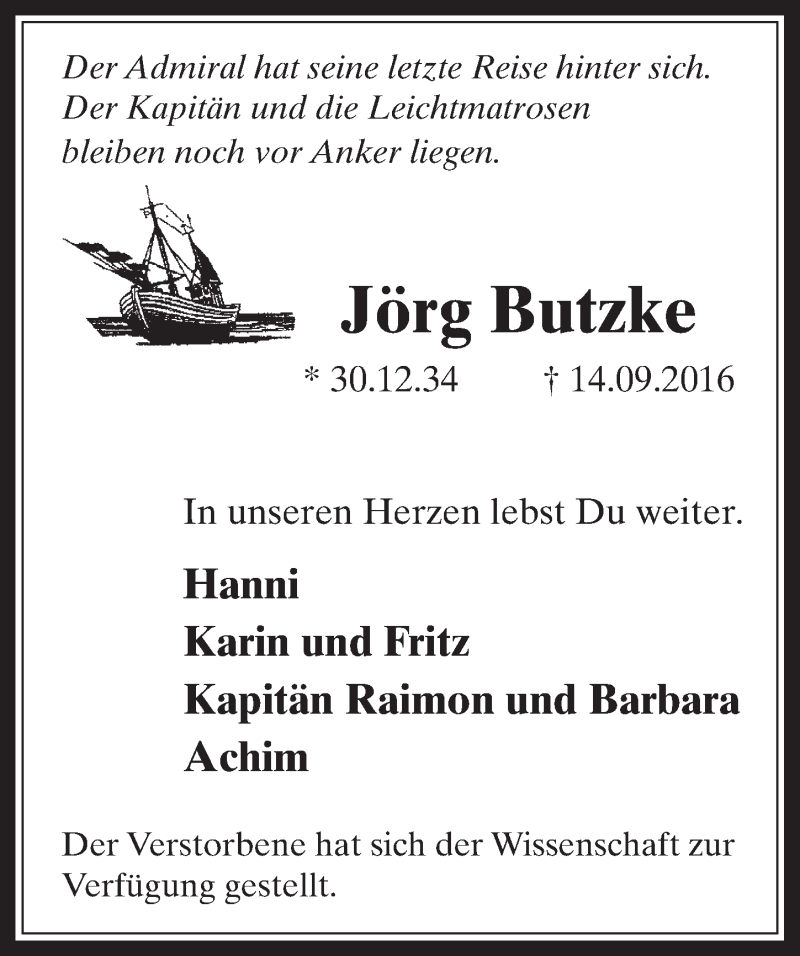  Traueranzeige für Jörg Butzke vom 05.10.2016 aus  Werbepost 