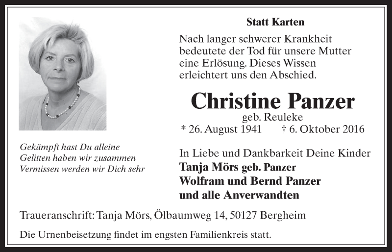  Traueranzeige für Christine Panzer vom 12.10.2016 aus  Werbepost 