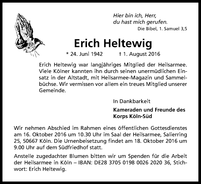  Traueranzeige für Erich Heltewig vom 12.10.2016 aus Kölner Stadt-Anzeiger / Kölnische Rundschau / Express