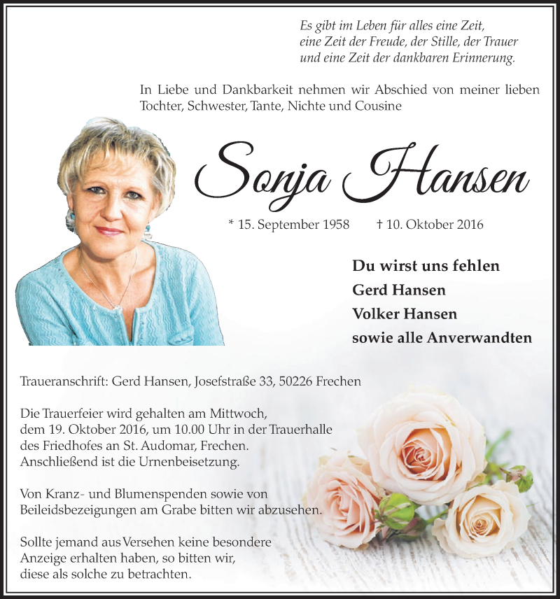  Traueranzeige für Sonja Hansen vom 15.10.2016 aus  Sonntags-Post 