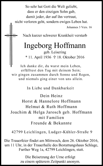 Anzeige von Ingeborg Hoffmann von Kölner Stadt-Anzeiger / Kölnische Rundschau / Express