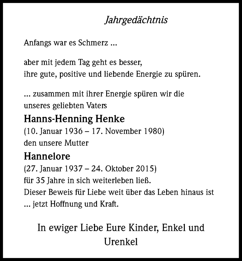 Traueranzeige für Hanns-Henning und Hannelore Henke vom 24.10.2016 aus Kölner Stadt-Anzeiger / Kölnische Rundschau / Express