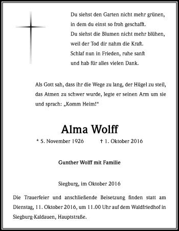 Anzeige von Alma Wolff von Kölner Stadt-Anzeiger / Kölnische Rundschau / Express