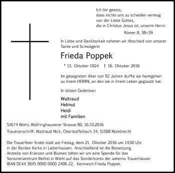 Anzeige von Frieda Poppek von Kölner Stadt-Anzeiger / Kölnische Rundschau / Express