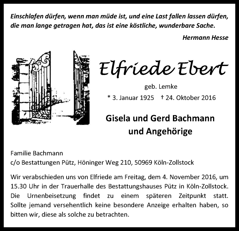  Traueranzeige für Elfriede Ebert vom 29.10.2016 aus Kölner Stadt-Anzeiger / Kölnische Rundschau / Express