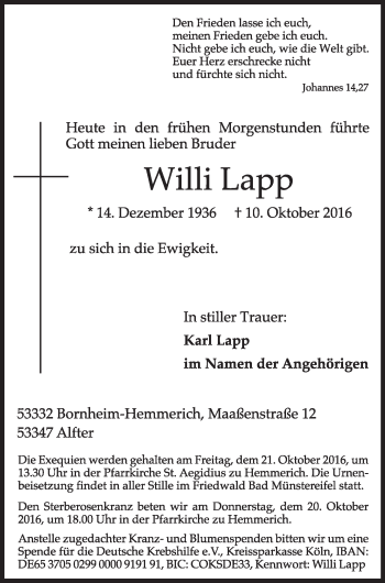 Anzeige von Willi Lapp von  Schlossbote/Werbekurier 