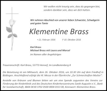 Anzeige von Klementine Brass von Kölner Stadt-Anzeiger / Kölnische Rundschau / Express