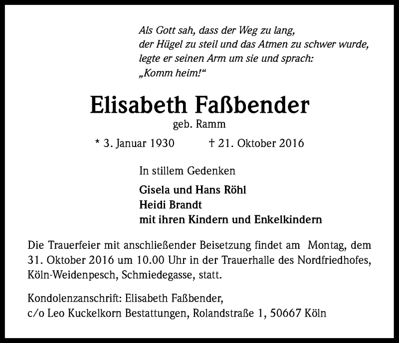  Traueranzeige für Elisabeth Faßbender vom 26.10.2016 aus Kölner Stadt-Anzeiger / Kölnische Rundschau / Express