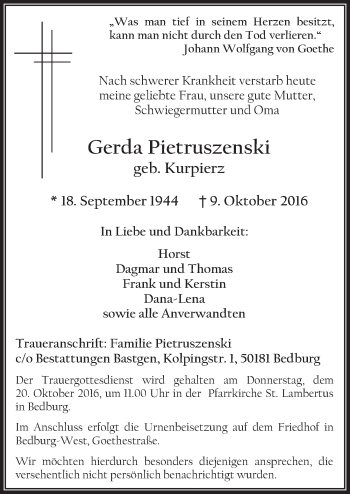 Anzeige von Gerda Pietruszenski von  Sonntags-Post 