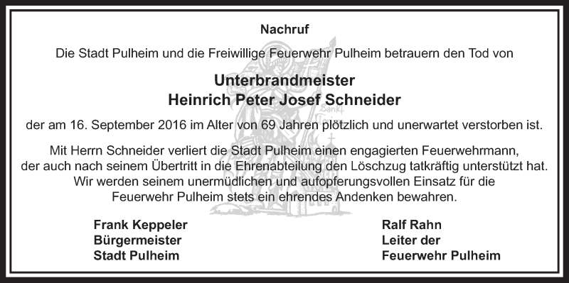  Traueranzeige für Heinrich Peter Josef Schneider vom 08.10.2016 aus  Sonntags-Post 