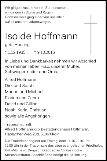 Anzeige von Isolde Hoffmann von Kölner Stadt-Anzeiger / Kölnische Rundschau / Express