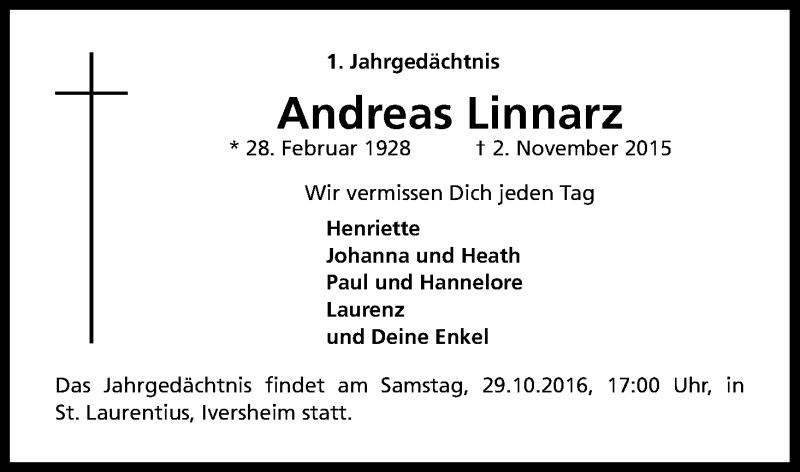  Traueranzeige für Andreas Linnarz vom 22.10.2016 aus Kölner Stadt-Anzeiger / Kölnische Rundschau / Express