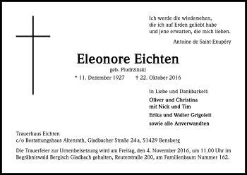 Anzeige von Eleonore Eichten von Kölner Stadt-Anzeiger / Kölnische Rundschau / Express