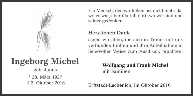  Traueranzeige für Ingeborg Michel vom 26.10.2016 aus  Werbepost 