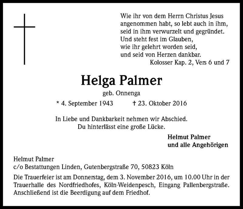  Traueranzeige für Helga Palmer vom 29.10.2016 aus Kölner Stadt-Anzeiger / Kölnische Rundschau / Express