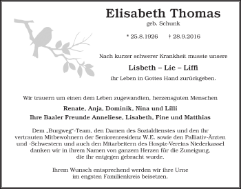 Anzeige von Elisabeth Thomas von  Kölner Wochenspiegel  Extra Blatt 