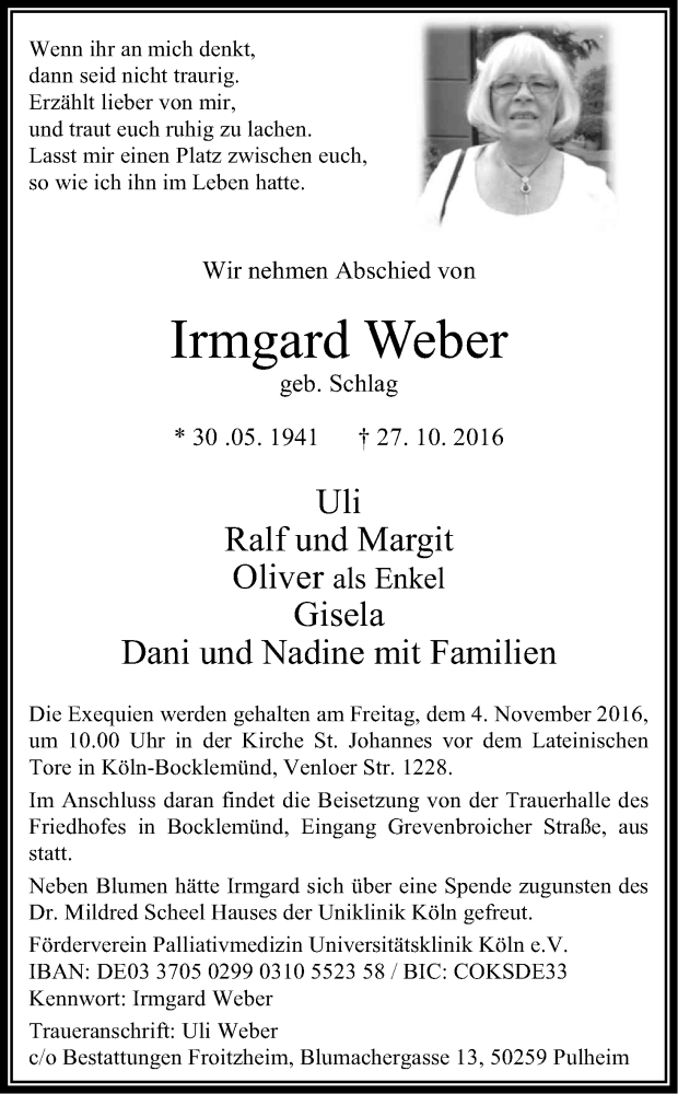  Traueranzeige für Irmgard Weber vom 01.11.2016 aus Kölner Stadt-Anzeiger / Kölnische Rundschau / Express