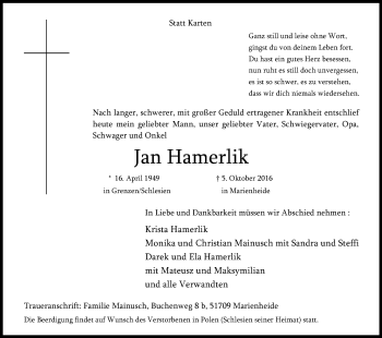 Anzeige von Jan Hamerlik von Kölner Stadt-Anzeiger / Kölnische Rundschau / Express