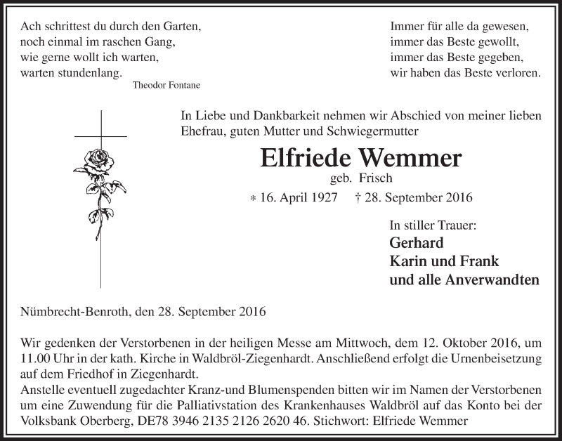  Traueranzeige für Elfriede Wemmer vom 05.10.2016 aus  Lokalanzeiger 
