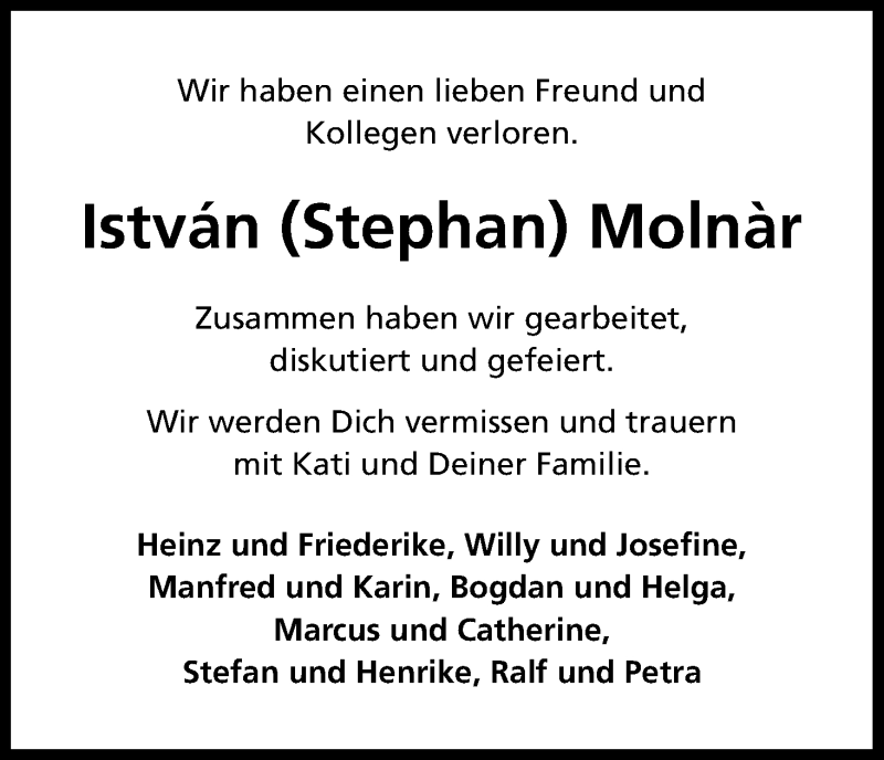  Traueranzeige für lstván Stephan Molnar vom 22.10.2016 aus Kölner Stadt-Anzeiger / Kölnische Rundschau / Express