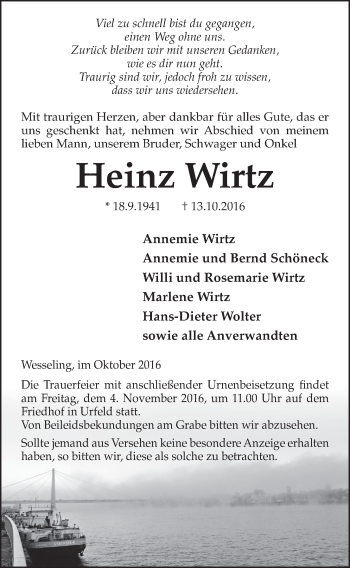 Anzeige von Heinz Wirtz von  Schlossbote/Werbekurier 