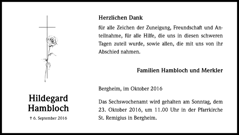  Traueranzeige für Hildegard Hambloch vom 15.10.2016 aus Kölner Stadt-Anzeiger / Kölnische Rundschau / Express