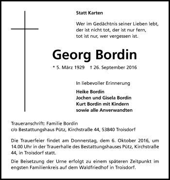 Anzeige von Georg Bordin von Kölner Stadt-Anzeiger / Kölnische Rundschau / Express