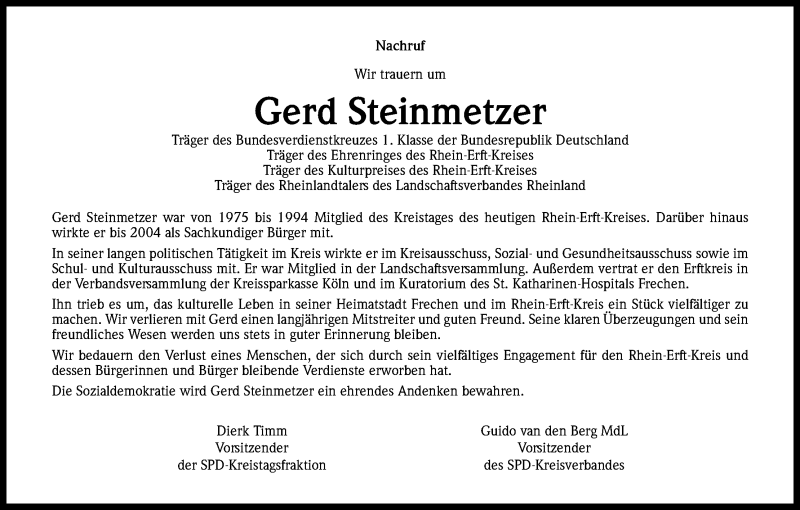  Traueranzeige für Gerd Steinmetzer vom 19.10.2016 aus Kölner Stadt-Anzeiger / Kölnische Rundschau / Express