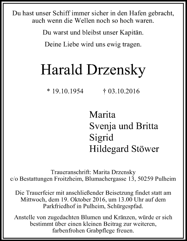  Traueranzeige für Harald Drzensky vom 15.10.2016 aus Kölner Stadt-Anzeiger / Kölnische Rundschau / Express