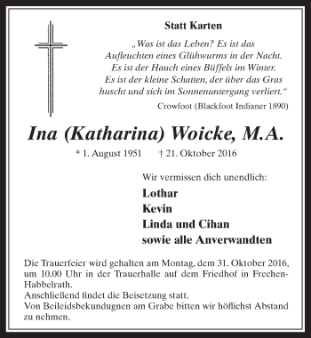 Anzeige von Ina Woicke von  Wochenende 