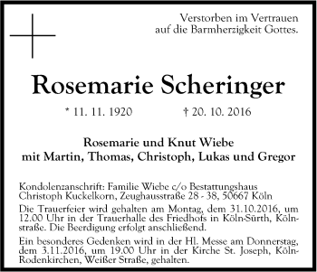 Anzeige von Rosemarie Scheringer von Kölner Stadt-Anzeiger / Kölnische Rundschau / Express