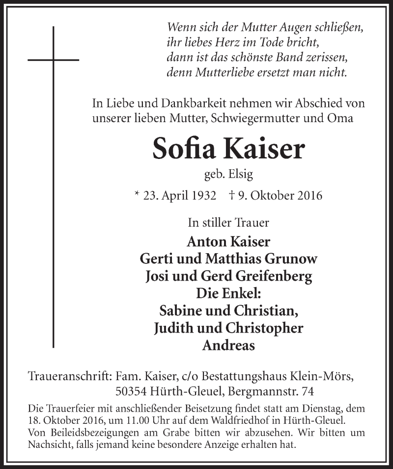  Traueranzeige für Sofia Kaiser vom 15.10.2016 aus  Sonntags-Post 