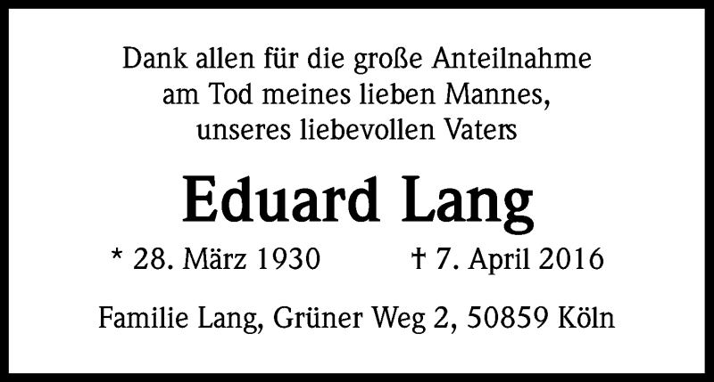  Traueranzeige für Eduard Lang vom 15.10.2016 aus Kölner Stadt-Anzeiger / Kölnische Rundschau / Express