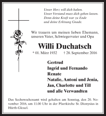 Anzeige von Willi Duchatsch von  Wochenende 
