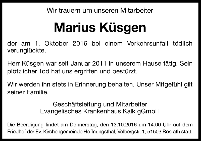  Traueranzeige für Marius Küsgen vom 12.10.2016 aus Kölner Stadt-Anzeiger / Kölnische Rundschau / Express