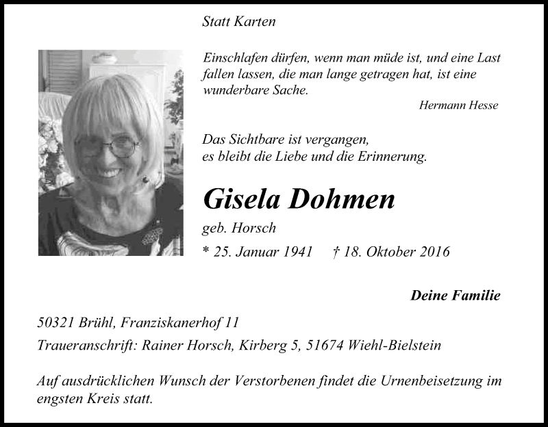  Traueranzeige für Gisela Dohmen vom 22.10.2016 aus Kölner Stadt-Anzeiger / Kölnische Rundschau / Express