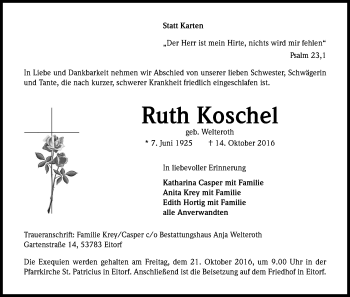 Anzeige von Ruth Koschel von Kölner Stadt-Anzeiger / Kölnische Rundschau / Express