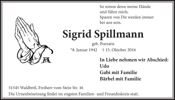 Anzeige von Sigrid Spillmann von  Lokalanzeiger 