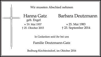 Anzeige von Hanna Gatz und Barbara Deutzmann von  Sonntags-Post 